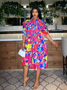 Slaydiva Colorful Casual Plus Size Printed Loose Puff Sleeve A-Line Dress For Women