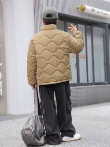 SHEIN Tween Boy Casual Checkered Detail Stand Collar Padded Coat For Winter