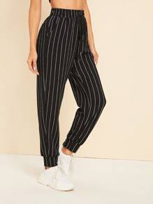 SHEIN EZwear Drawstring Waist Slant Pocket Striped Carrot Trousers - Black - View 4