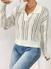 SHEIN LUNE Spring Casual Solid Color Hollow Knit Sweater, Knit Pullover Fall Winter - White - View 6