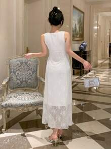 DAZY Elegantes Damen Sommer Spitzenkleid ärmellos einfarbig, Geburtstags Abendkleid Sommerkleid