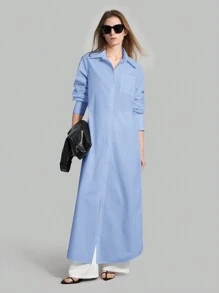 Ontre New 2026 Spring/Summer Women's Casual Loose Vacation Matching Shirt, Blue Long Shirt, Women's Shirt, Women's Button-Up Shirt, Commuting, Summer Business Casual Women's Vacation Beach Birthday Party Outfit, Women's Teacher Outfit, Light Blue Women's Office Wear Modern Urban Casual Fashion Business Casual Women's Office Wear Low-Key Old Money Style Effortless Temperament High-End Urban Commuting High-Quality Airport Women's Wear High-End Material - Blue - View 2