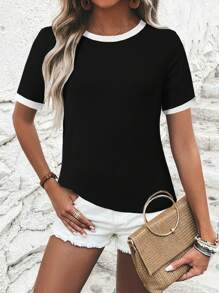 Camiseta básica de estilo coreano para mujeres - Camiseta informal de manga corta de unicolor, camiseta de cuello redondo esencial para el verano, camiseta ajustada para uso diario para mujeres, atuendos de verano relajados para mujeres - Negro - Ver 4