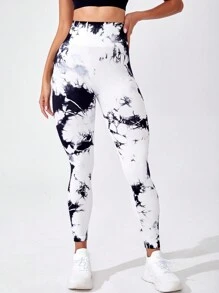 SHEIN Core Rhythm Leggings deportivos con control de abdomen y estampado tie-dye para mujer