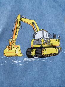 SHEIN Baby Jungen weicher süßer Kurzarm-Kragen Jeanshemd mit Bagger Muster, in Blau, für Sommer Outdoor