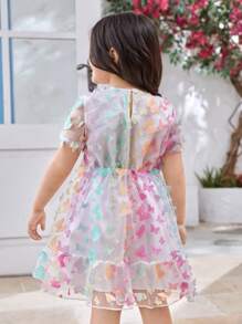 SHEIN 女孩夏季假日彩虹刺繡寬鬆A字網紗公主裙，短袖和圓領，適合舞會和生日慶祝活動 - 粉色 - 查看 2