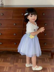 SHEIN 2入組嬰幼女童可愛蕾絲心形T恤和紗裙吊帶裝，適用於春夏季 - 藍色 - 查看 4