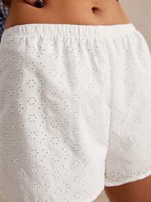 Poéselle Cotton Women's Solid Color Hollow Out Embroidery Elastic Waist Summer Casual White Shorts, Comfy Shorts, Cute Shorts, Lounge Shorts - White - View 3