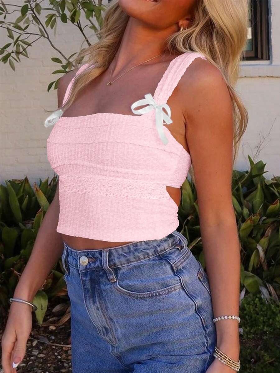Women's Summer Bow Decor Side Cutout Camisole - Hồng - Xem 1