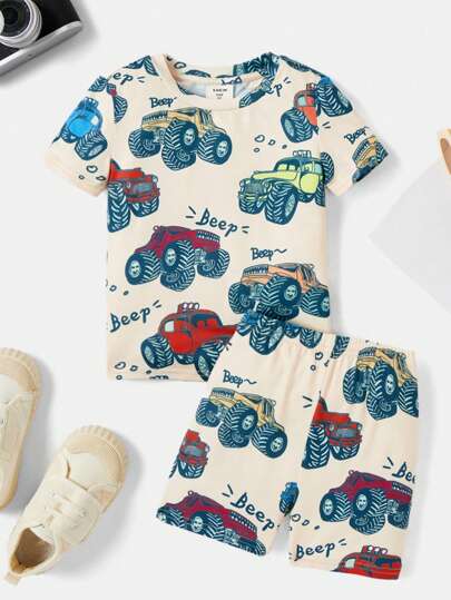 SHEIN 2pcs Young Boy Casual Cute Cartoon Car, & Off-Road Vehicle Printed Round Neck Short Sleeve T-Shirt And Shorts Comfortable Snug Fit Home Outfit Set