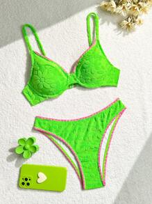 SHEIN Swim Women Resort Floral Dark Striped Bikini Set Summer