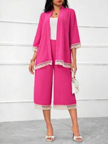 SHEIN Lady Bohemian Style Fringe Decorated Pink Kimono Coat And Pants Set - Watermelon Pink - View 1