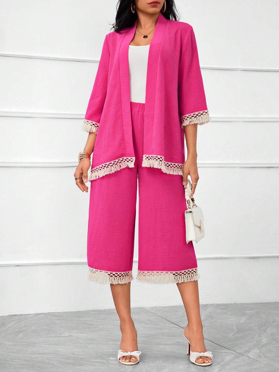 SHEIN Lady Bohemian Style Fringe Decorated Pink Kimono Coat And Pants Set - Watermelon Pink - View 1