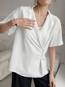 Seusyu Ladies' Solid Color Simple Casual Short Sleeve Shirt - White - View 3