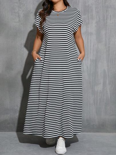 SHEIN Essnce Women's Plus Size Round Neck Black & White Striped A-Line Short Sleeve Dress With Side Pockets, For Summer