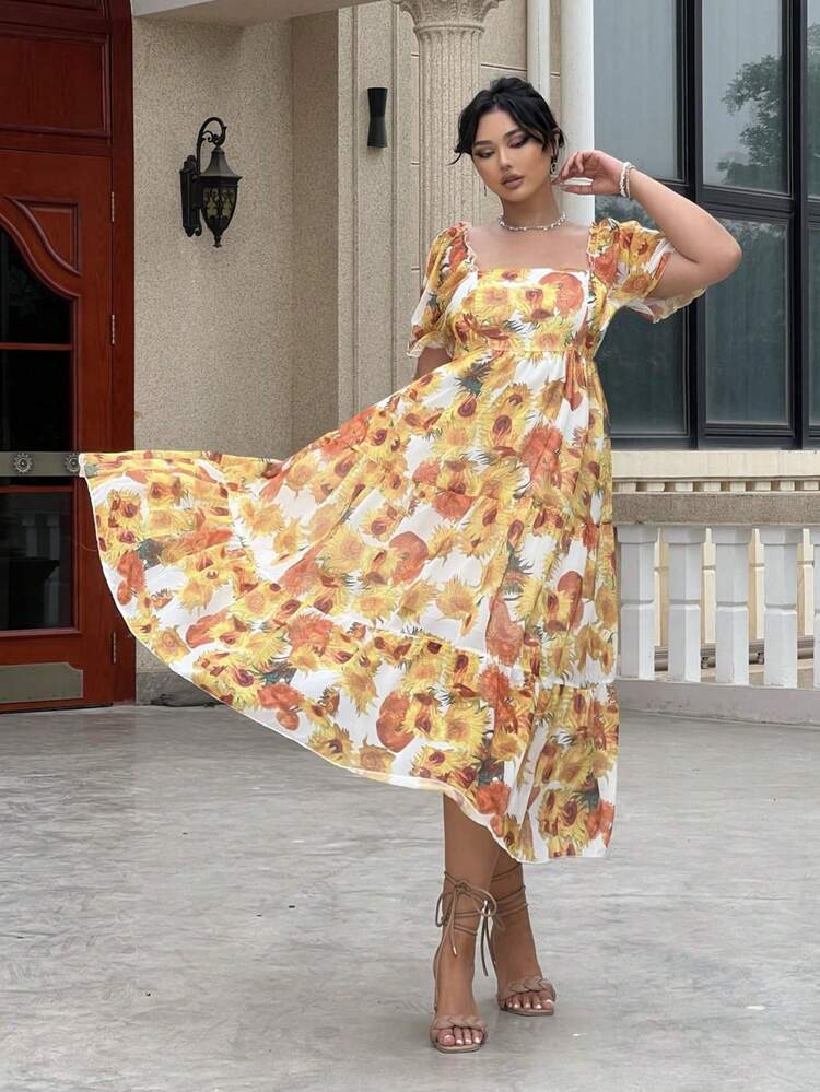 Plus Size Summer Holiday Sunflower Print Puff Sleeve Swing Dress