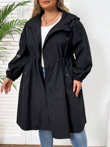 SHEIN CURVE+ 秋冬加大抽绳腰落肩连帽夹克 - 黑色 - 查看 7