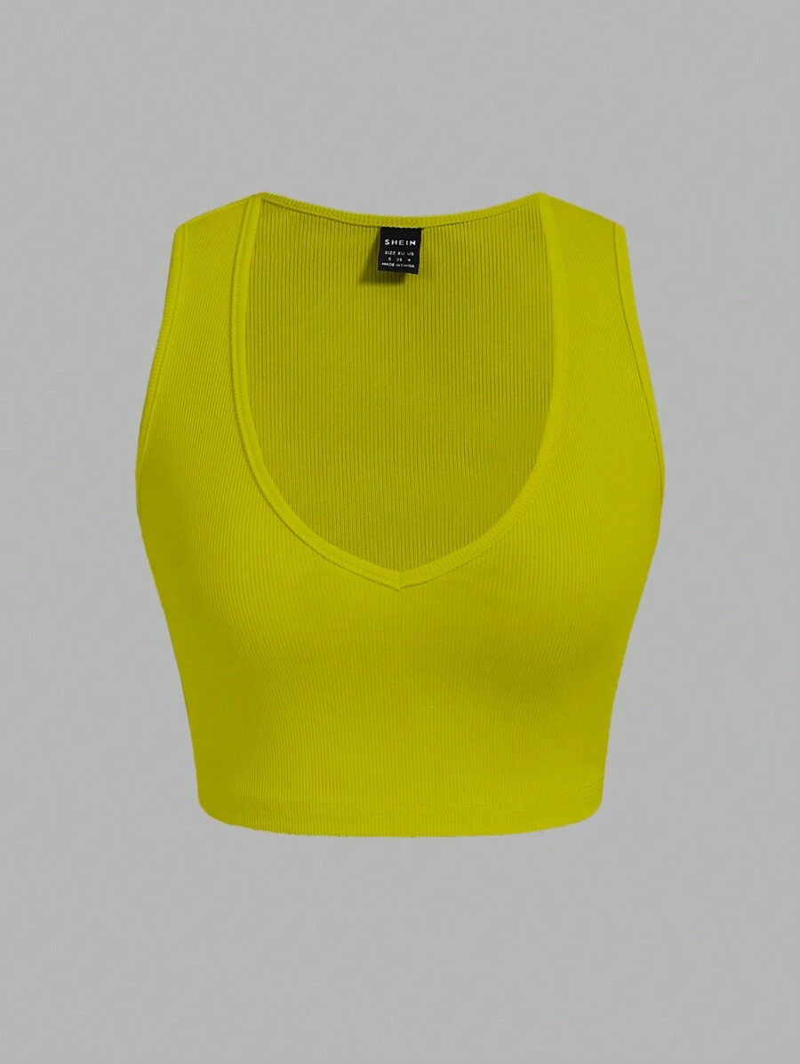 Slaydiva Music Festival Sexy All-Match Low-Cut White Ribbed Women's Tank Top, Casual And Versatile - Yellow - View 1