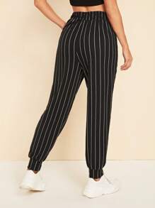 SHEIN EZwear Drawstring Waist Slant Pocket Striped Carrot Trousers - Black - View 2