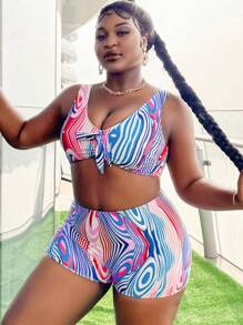 SHEIN Swim Curve Plus Size Stylish Slim Fit Bikini Set With Random Print Summer Beach - Multicolor - View 5