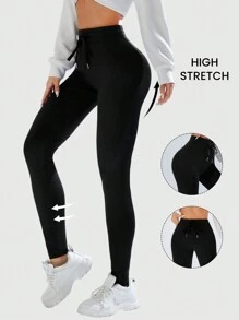 SHEIN EZwear 素色腰部抽繩緊身打底褲 - 黑色 - 查看 3