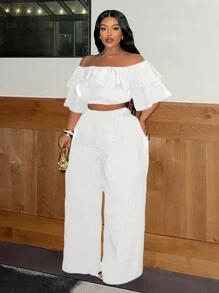 Slaydiva Casual Basic Ruffle Ruffle Edge Wide Leg Pants Plus Size Women's Set
