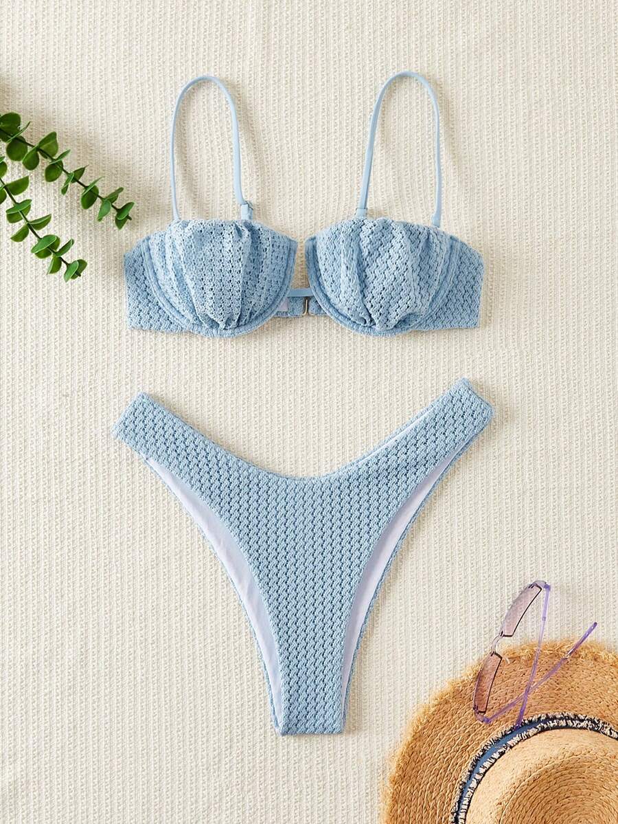 Swim Vcay 女士純色紋理泳衣套裝，適用於海灘度假 - 淺藍色 - 查看 1