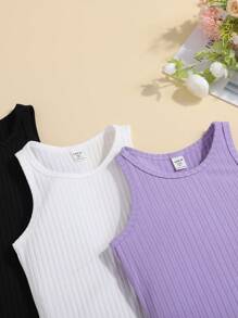 SHEIN Bộ 3 bộ trang phục thường ngày không tay cổ tròn dệt kim màu trơn dành cho các cô gái tuổi teen - Màu tím hoa cà - Xem 3