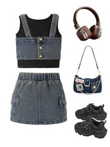 SHEIN Explorewe Baby Girl Fashionable And Cute Denim Tank Top And Skirt Set, Summer - Multicolor - View 2