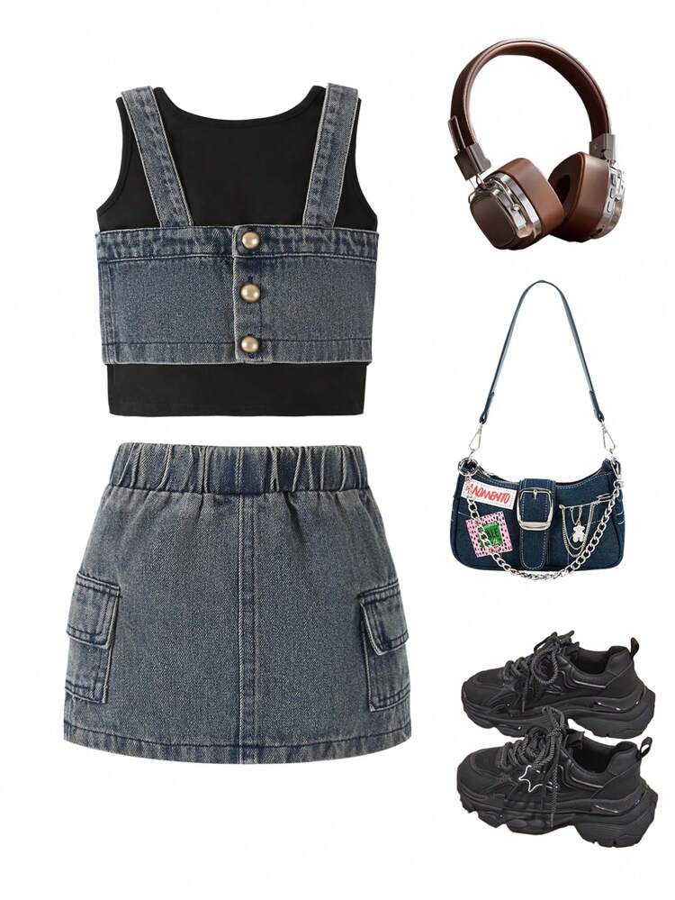 Baby Girl Fashionable And Cute Denim Tank Top And Skirt Set, Summer