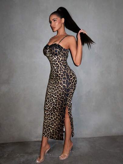 SHEIN SXY 豹紋拼接蕾絲邊側開衩高彈性緊身背心裙，假日性感夏季沙灘度假波希米亞風格女裝服飾