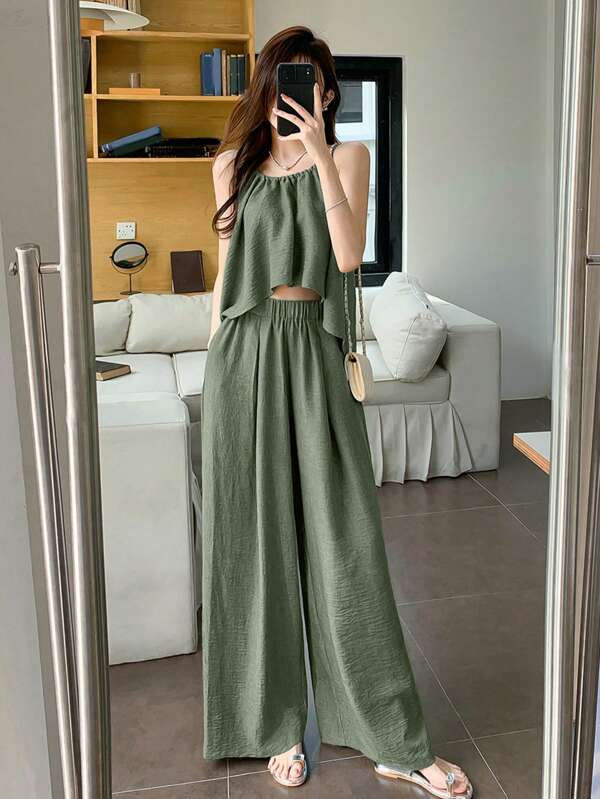 DAZY Women's Solid Color Simple Summer Vest And Casual Long Pants Two-Piece Set