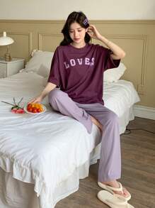 DAZY Bộ đồ mặc nhà áo tay ngắn in chữ và quần dài màu trơn, quần áo trở lại trường, đồ ngủ - Màu tím - Xem 5