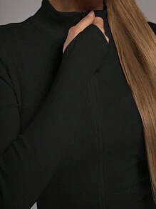 Musera Sport 柔软罗纹全拉链立领长款外套，适合板式网球、网球、匹克球、健身房、冬季普拉提、日常休闲穿着。 - 黑色 - 查看 4