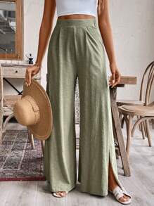 SHEIN Frenchy Quần ống rộng xẻ thoải mái cho nữ, quần cotton rộng rãi, màu xanh lá cây, lý tưởng để mặc ở nhà và đi nghỉ, đáy cạp cao, thoáng khí và thấm mồ hôi, hoàn hảo cho mùa hè - màu xanh lá - Xem 1