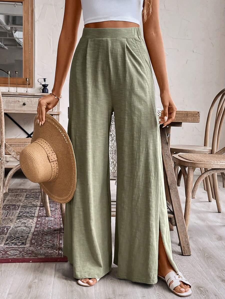 SHEIN Frenchy Quần ống rộng xẻ thoải mái cho nữ, quần cotton rộng rãi, màu xanh lá cây, lý tưởng để mặc ở nhà và đi nghỉ, đáy cạp cao, thoáng khí và thấm mồ hôi, hoàn hảo cho mùa hè - màu xanh lá - Xem 1