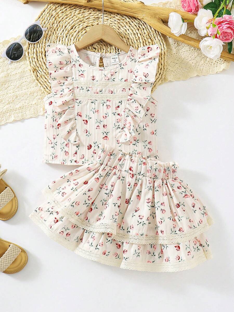 SHEIN Vintaside Kids Conjunto de top y falda con volantes con estilo rural y estampado floral diminuto para niña joven - Multicolor - Ver 1