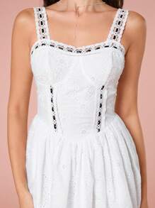 Enchnt Vestido de verano casual para mujer con bordado calado y cinturón ajustado - Blanco y Negro - Ver 8