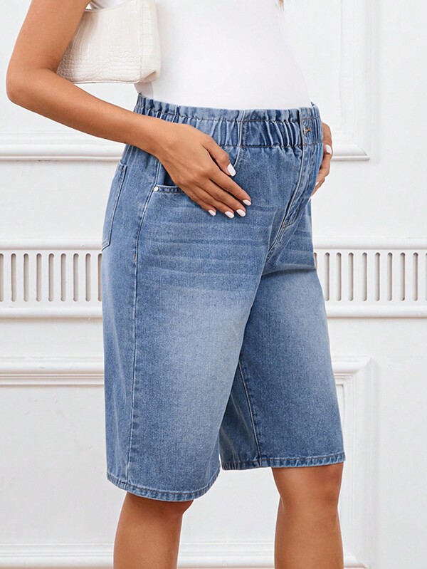 SHEIN Maternity Bermuda Casual Denim Shorts With Pockets
