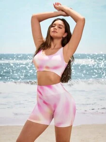 SHEIN 女裝渐層印花無縫上衣和短褲運動套裝 - 粉色 - 查看 3