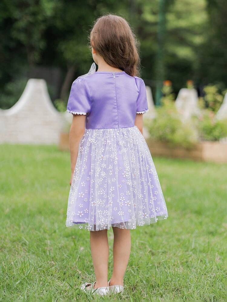 Purple  And Lovely Puff Sleeve Mesh Lace Bowknot Dress For Girls, Spring/Summer Collection, Suitable For Weddings, Parties, Banquets, Outings, Photo Shoots