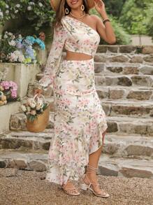 SHEIN VCAY Blusa con flores impresas, hombros descubiertos y mangas de globo acompañada de vestido midi con dobladillo de encaje para mujer - Multicolor - Ver 4