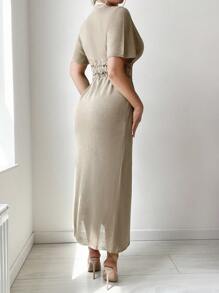 SHEIN Swim Women's Solid Color Simple Daily Short Sleeve Kimono Cover Up Summer - Khaki - View 3