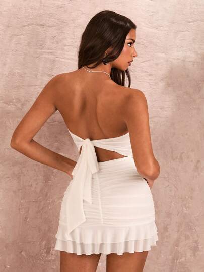 SHEIN BAE Summer White Sweetheart Neckline Back Bow Decor Strapless Bodycon Dress With Ruffle Hem For Women,Backless Dress