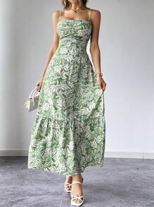 SHEIN Privé Robe d'été pour femmes, décontractée imprimée de plantes avec bretelles spaghetti