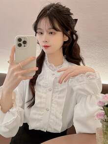 Áo Sơ Mi Tay Dài Viền Ren Viền Ruffle Màu Trơn Thanh Lịch, Xuân/Hè - trắng - Xem 6