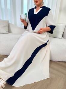 Al Najma Arabic Patchwork Short Sleeve Long Dress - Blue - View 6