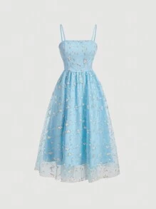 SHEIN MOD Women's Elegant Floral Embroidery Net Yarn Spaghetti Strap Dress For Summer