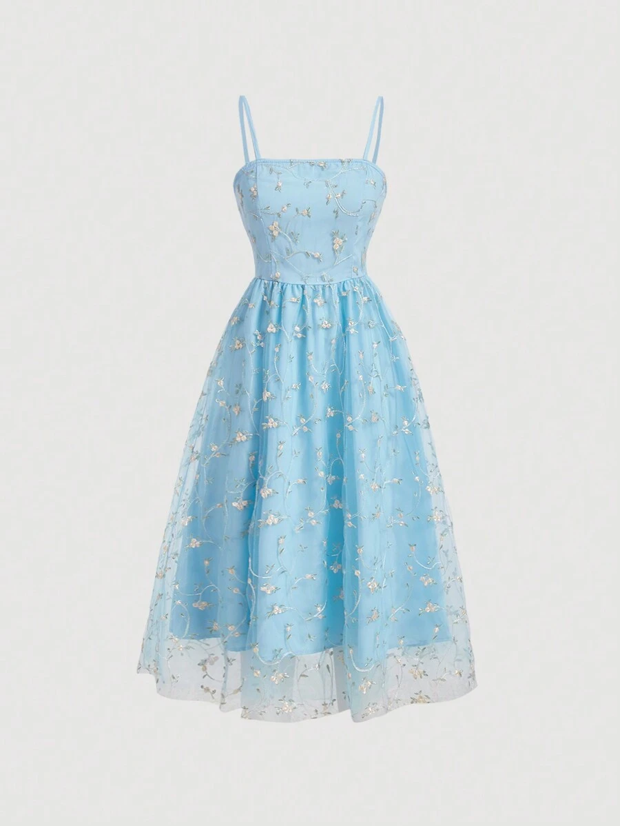SHEIN MOD Women's Elegant Floral Embroidery Net Yarn Spaghetti Strap Dress For Summer