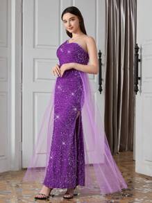 SHEIN Vestido de fiesta de escote asimétrico con aplicaciones de cuentas y malla para chicas adolescentes, adecuado para bodas, fiestas y cumpleaños